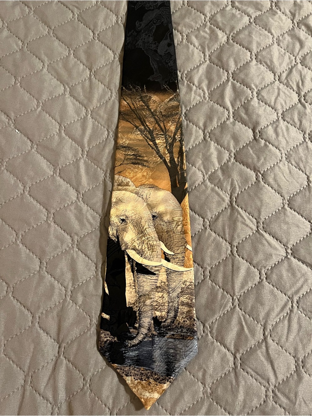 Elephant-Print Men's Silk Tie in Black and Gold Accent